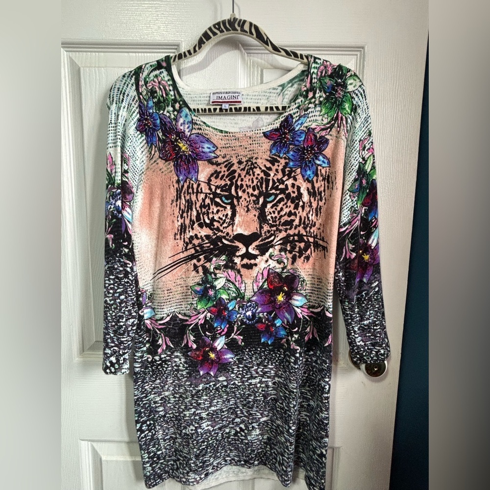 Vintage Abstract Leopard Face Floral Dress with Beaded Embroidered Accents